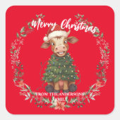 Cute merry Cow Christmas tree calf ox Xmas pattern スクエアシール (正面)