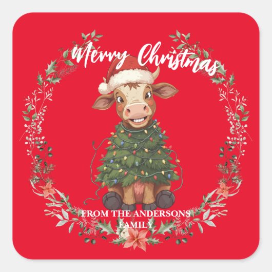 Cute merry Cow Christmas tree calf ox Xmas pattern スクエアシール (正面)