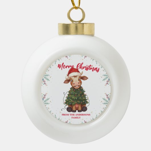 Cute merry Cow Christmas tree calf ox Xmas pattern セラミックボールオーナメント (正面)