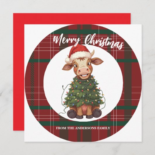 Cute merry Cow Christmas tree calf ox Xmas plaid シーズンカード (正面/裏面)