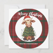 Cute merry Cow Christmas tree calf ox Xmas plaid シーズンカード (正面)