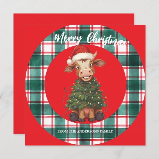 Cute merry Cow Christmas tree calf ox Xmas plaid シーズンカード (正面/裏面)