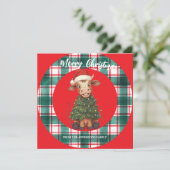 Cute merry Cow Christmas tree calf ox Xmas plaid シーズンカード (スタンド正面)