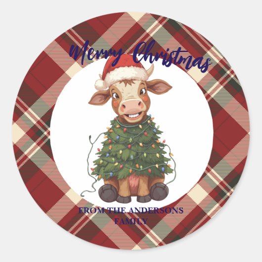 Cute merry Cow Christmas tree calf ox Xmas plaid ラウンドシール (正面)
