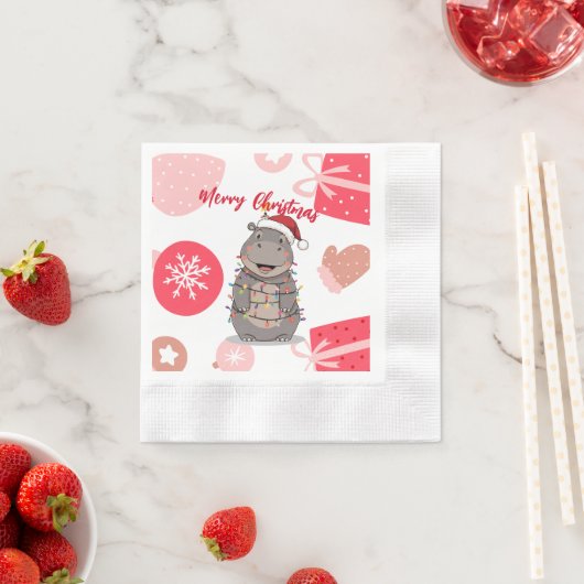 Cute merry Hippo christmas tree zoo safari Xmas  縁ありカクテルナプキン (インサイチュ)