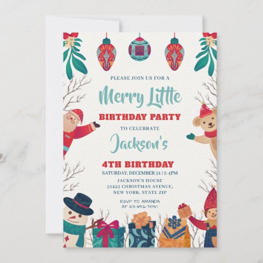 Cute Merry Little Christmas 4th Birthday 招待状 (正面)