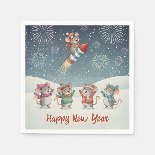 Cute Mice Happy New Year Fireworks スタンダードカクテルナプキン (正面)