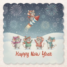 Cute Mice Happy New Year Fireworks ペーパーコースター