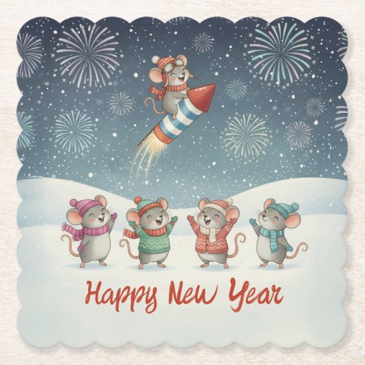Cute Mice Happy New Year Fireworks ペーパーコースター (正面)