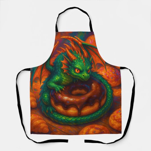 Cute Mini Green Dragon & Donut Fantasy Art エプロン (正面)