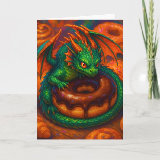 Cute Mini Green Dragon & Donut Fantasy Art カード (正面)