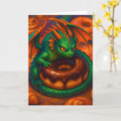 Cute Mini Green Dragon & Donut Fantasy Art カード (黄色い花)