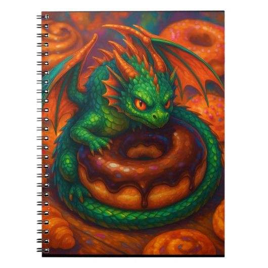 Cute Mini Green Dragon & Donut Fantasy Art ノートブック (正面)