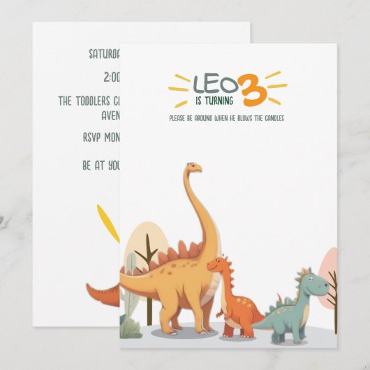 Cute Minimal Dinosaur 3rd Birthday Party Boy 招待状 (正面/裏面)