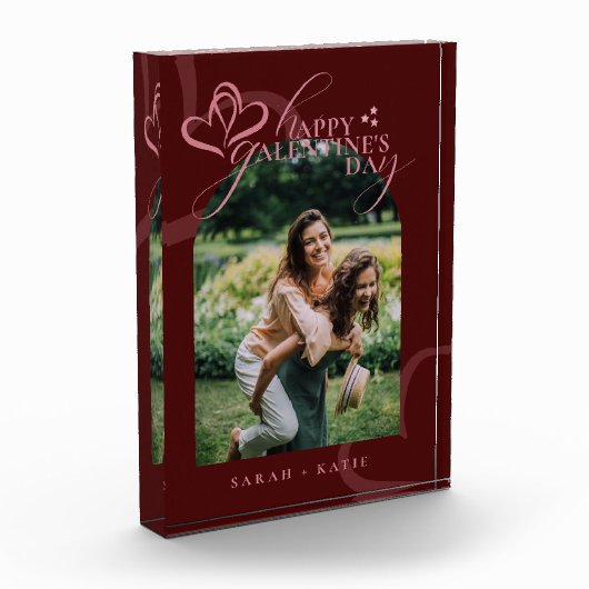 Cute Minimal Modern Maroon Script Galentine's フォトブロック (左)