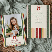 Cute Minimal Stripes & Bow Merry Christmas 1 Photo シーズンカード