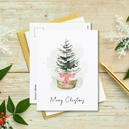 Cute Minimal Watercolor Christmas Tree Christmas  シーズンポストカード