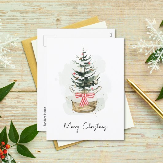 Cute Minimal Watercolor Christmas Tree Christmas シーズンポストカード