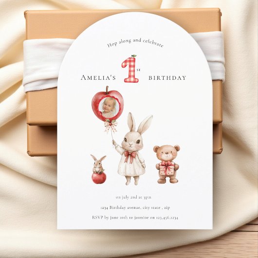 Cute  minimal watercolor photo "1st" Birthday 招待状