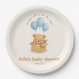 Cute Minimalis Blue Balloon Bear Baby Shower ペーパープレート