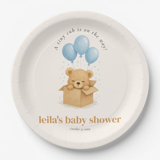 Cute Minimalis Blue Balloon Bear Baby Shower ペーパープレート (正面)