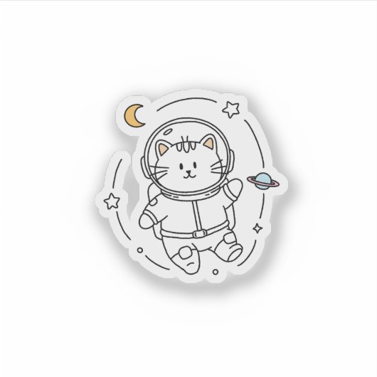 Cute Minimalist Astronaut Cat Line Art  シール (正面)