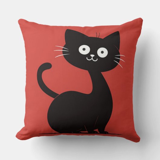 Cute Minimalist Black Cat Cartoon Funny Cat クッション (正面)