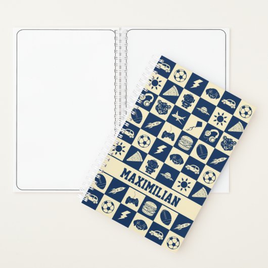 Cute Modern Blue Checkered Icons Pattern Boy's Fun ノートブック (内側)