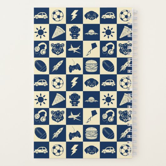 Cute Modern Blue Checkered Icons Pattern Boy's Fun ノートブック (裏面)
