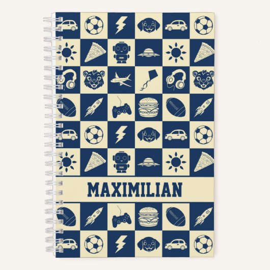 Cute Modern Blue Checkered Icons Pattern Boy's Fun ノートブック (正面)