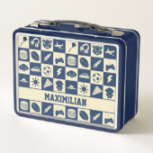 Cute Modern Blue Checkered Icons Pattern Boy's Fun メタルランチボックス (裏面)