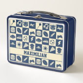 Cute Modern Blue Checkered Icons Pattern Boy's Fun メタルランチボックス (正面)