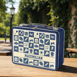 Cute Modern Blue Checkered Icons Pattern Boy's Fun メタルランチボックス
