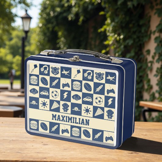 Cute Modern Blue Checkered Icons Pattern Boy's Fun メタルランチボックス