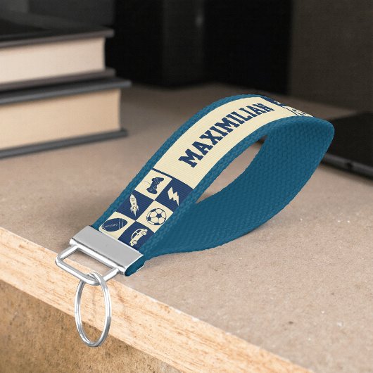 Cute Modern Blue Checkered Icons Pattern Boy's Fun リストバンドキーホルダー