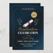 Cute Modern Elegant Navy Blue White Graduation  招待状 (正面/裏面)