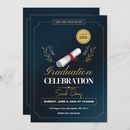 Cute Modern Elegant Navy Blue White Graduation  招待状 (正面/裏面)