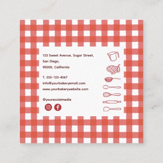 Cute Modern Farmhouse Gingham Bakery スクエア名刺 (裏面)