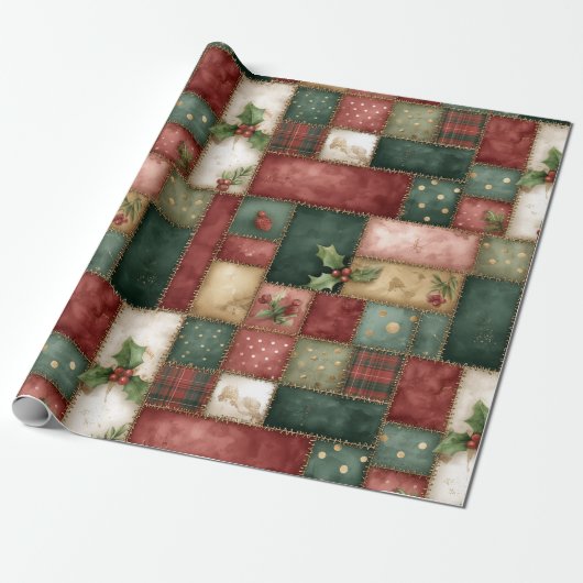 Cute Modern Gold Christmas Patchwork Pattern ラッピングペーパー (アンロールド)