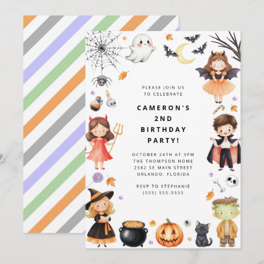 Cute Modern Halloween Birthday Costume Party 招待状 (正面/裏面)