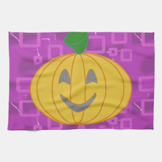 Cute Modern Pumpkin on Purple Geometric  キッチンタオル (横)