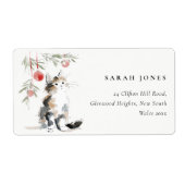 Cute Modern Watercolor Christmas Tree Cat Address ラベル (正面)