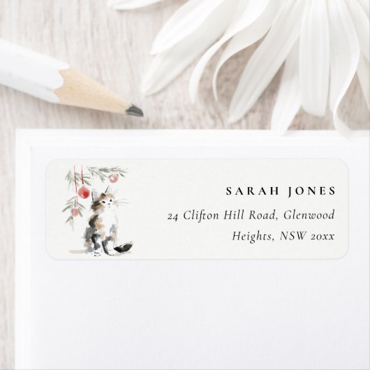 Cute Modern Watercolor Christmas Tree Cat Address ラベル (インサイチュ)
