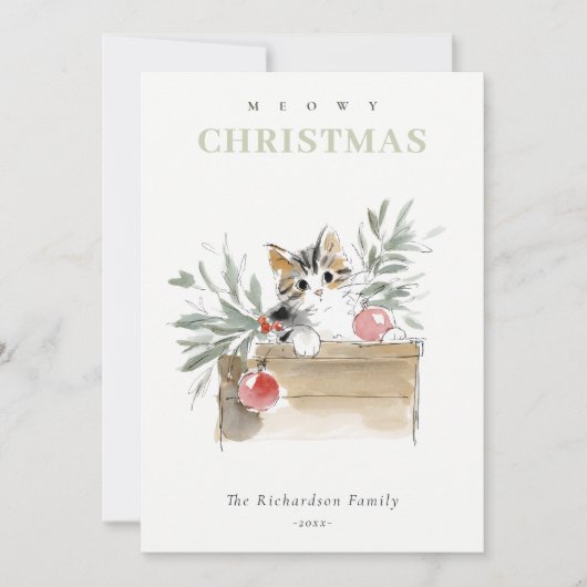 Cute Modern Watercolor Meowy Christmas Box Cat シーズンカード (正面)