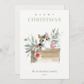 Cute Modern Watercolor Meowy Christmas Box Cat シーズンカード (正面/裏面)