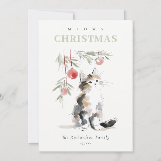 Cute Modern Watercolor Meowy Christmas Tree Cat シーズンカード (正面)