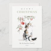 Cute Modern Watercolor Meowy Christmas Tree Cat シーズンカード (正面/裏面)