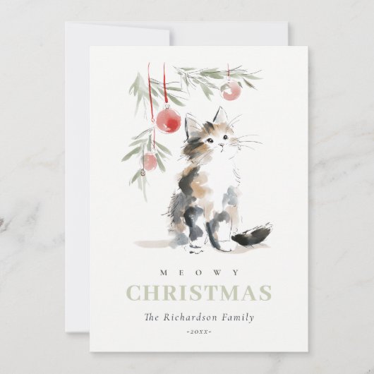 Cute Modern Watercolor Meowy Christmas Tree Cat シーズンカード (正面)