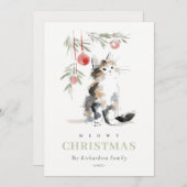 Cute Modern Watercolor Meowy Christmas Tree Cat シーズンカード (正面/裏面)