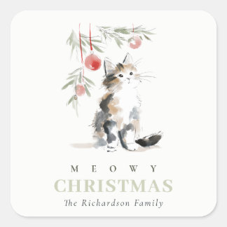 Cute Modern Watercolor Meowy Christmas Tree Cat スクエアシール